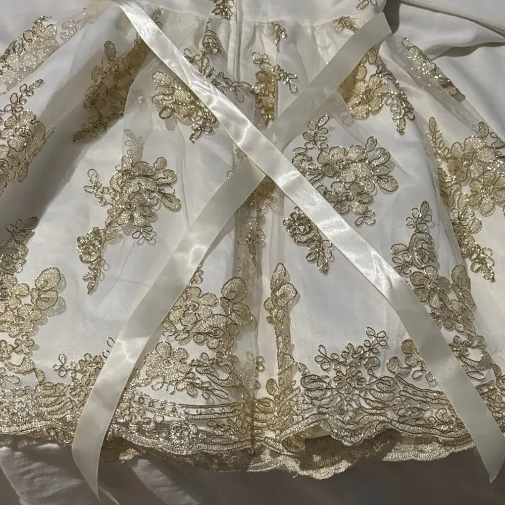 Rare Editions 7 Ivory Dress with Gold Embroidery on tulle very dressy nwt
